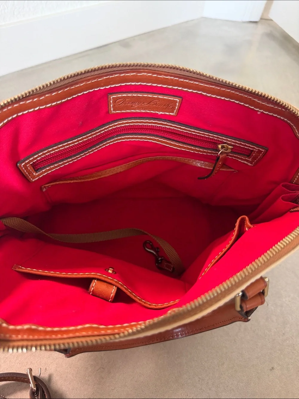 Dooney & Bourke Cream and Brown Pebbled Leather Satchel with Removable Strap